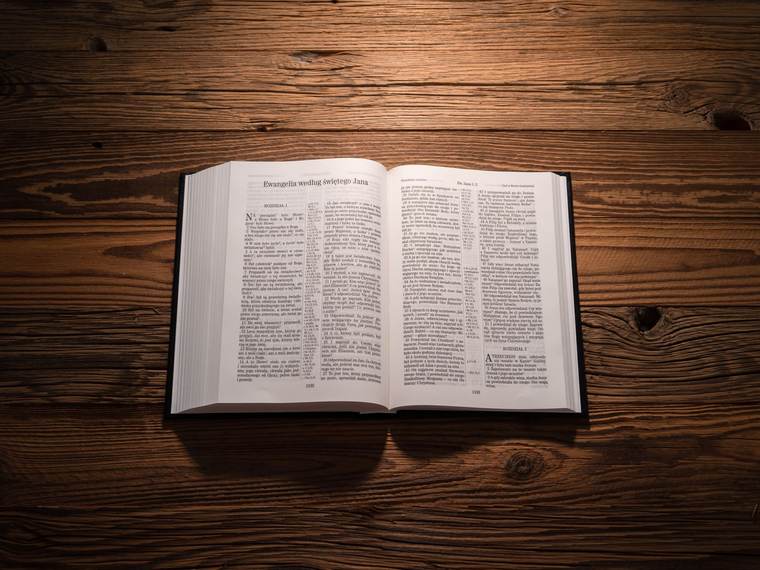 An open Bible lying on a dark wooden table