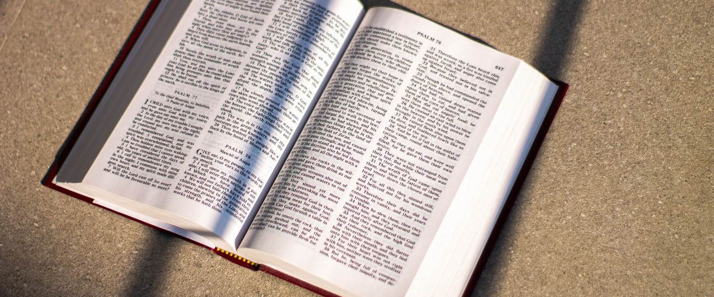 An open Bible lying on a sunlit floor